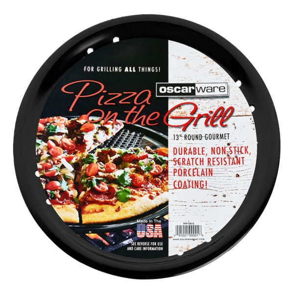 Oscarware®13-inch-round-Porcelain-Pizza-on-the-Grill-Topper designed to cook smaller, more delicate foods as well as traditional favorites on the grill.
