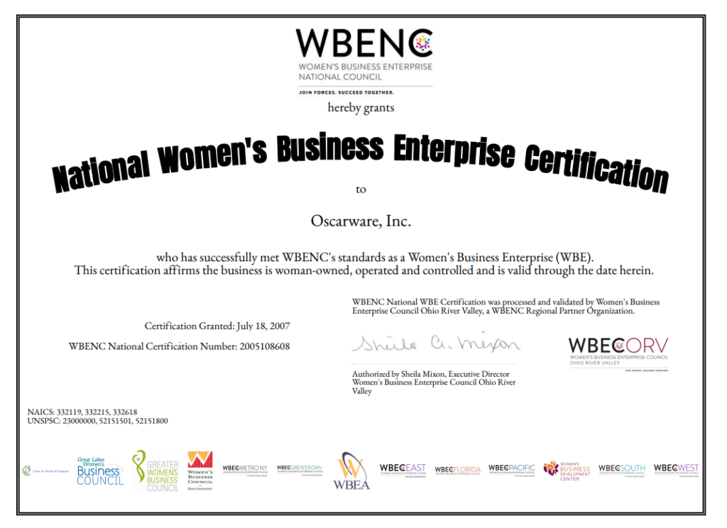 Oscarware® is certified by the Women’s Business Enterprise National Council as a woman owned business.