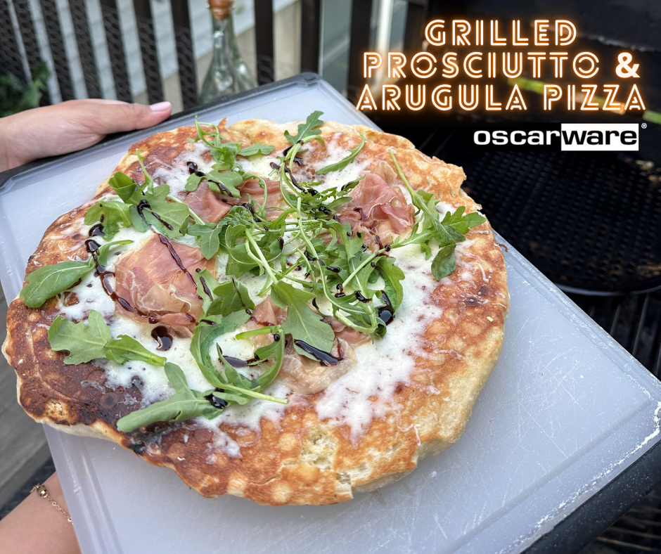Grilled prosciutto and arugula pizza