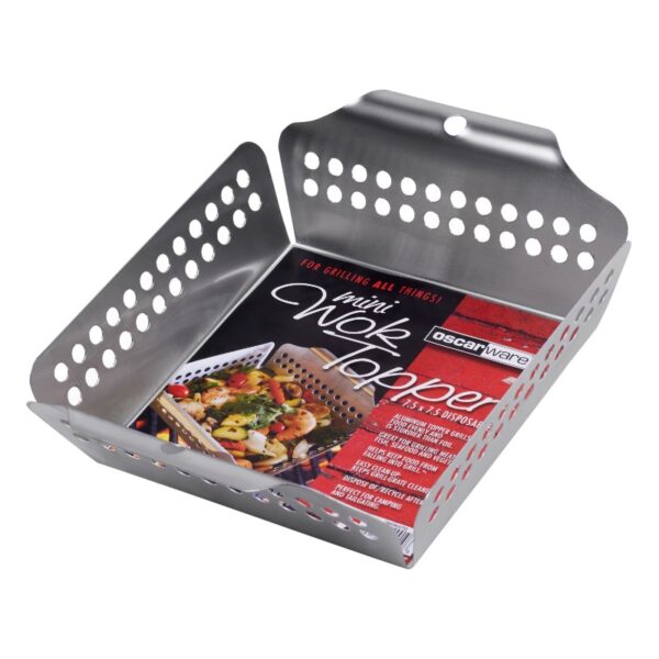 Oscarware® Mini-Disposable-Wok-Topper designed to cook smaller, more delicate foods as well as traditional favorites on the grill.